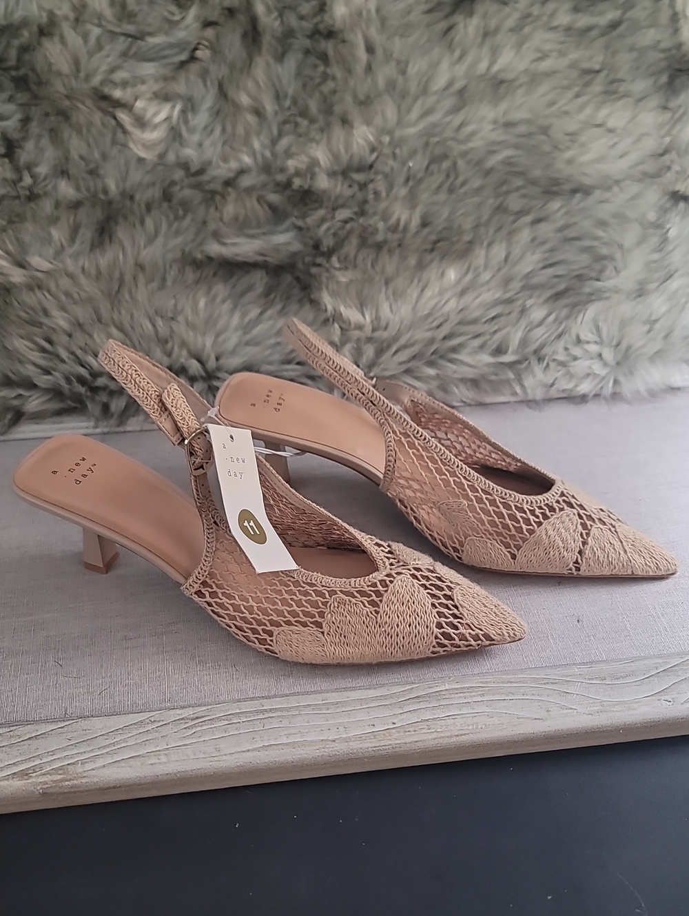 a new day-Target Brand Taupe Lace Pointed Slingback Kitten Heels